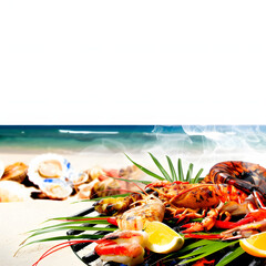 Fresh seafood barbecue on the beach isolated on white background, space for captions, png
