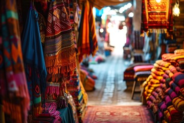 Obraz premium The vibrant colors of a Moroccan bazaar, Vibrant market stalls adorned with exotic fruits, textiles and crafts, Ai generated