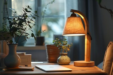 An elegant and sophisticated workspace setup featuring a wooden lamp, houseplants, books, and a laptop