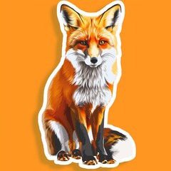 A fox illustration in natural colors as a sticker with a white outline on an orange background without any shadow or gradient.