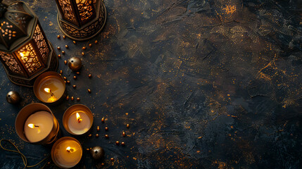 A candle and lanterns on a dark background.