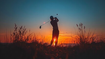   A man playing golf at sunset, with a golf club in the foreground and a ball nearby