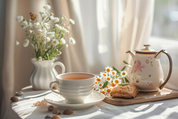 Fototapeta premium Serene Evening Meal with Magnesium-Rich Foods and Herbal Tea for Better Sleep Quality