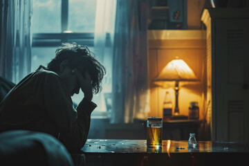 Fototapeta premium Poignant Moment of Emotional Distress with Alcohol in a Dimly Lit Room