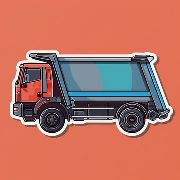 A garbage truck illustration in sticker form with true-to-life colors and a blue outline on a solid red background.