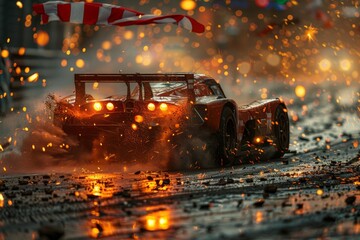 A detailed composition capturing a race car in action, with sparks flying, reflecting speed and...