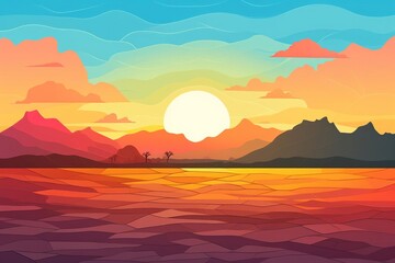sun casts a golden glow on the ocean and the mountains beyond. The sky is ablaze with color, and the waves - obrazy, fototapety, plakaty