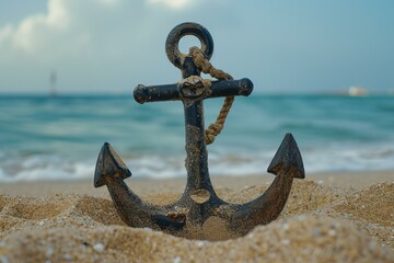 Expansive Anchor sea sand. Sunset ship calm. Generate Ai