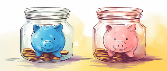 Two piggy banks with money