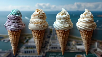  Three ice cream cones stacked on a rooftop, overlooking water