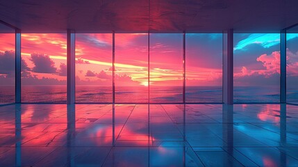   A spacious room boasts panoramic views of the ocean and vibrant shades of pink and blue skies, reflected perfectly in the gleaming windowpanes