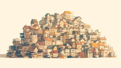 A city made of books, skyline made from stacks and piles of books with houses on top of them