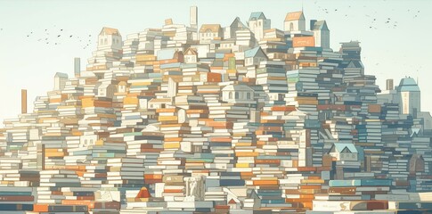 A city made of books, skyline made from stacks and piles of books with houses on top of them