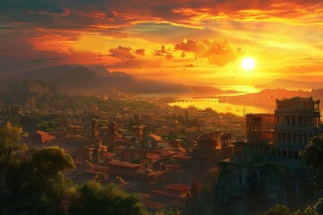 Warm Ancient city sunset. Historic travel. Generate Ai