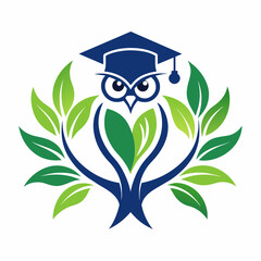 Graduation-capped owl perched on a stylized tree of life vector silhouette 