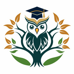 Graduation-capped owl perched on a stylized tree of life vector silhouette 