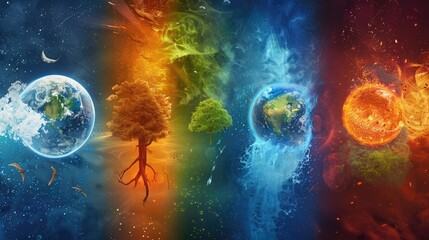 The Five Fundamental Elements of Nature: Water, Fire, Earth, Space, and Creation. Concept Nature, Elements, Water, Fire, Earth, Creation, Space