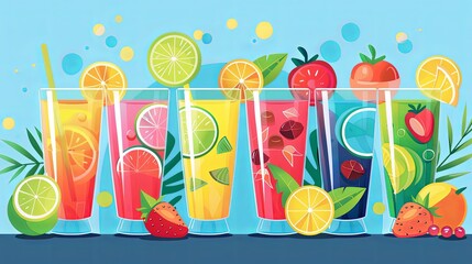 Set of fruit cocktails on blue background. Vector illustration of colorful drinks with citrus slices and tropical leaves.