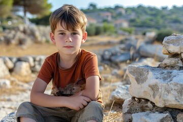 Close-up of a thoughtful child sitting among rocks during a sunny day