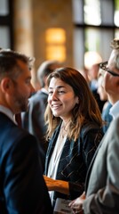 Businesswoman engaging in conversation at a networking event. Candid portrait of a professional woman in a modern business setting.