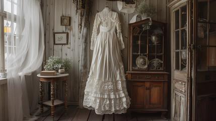 A white couture dress hangs in a room with rustic charm, a blur effect in the background