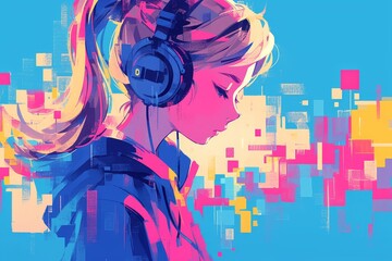 A cute girl with blonde hair in pigtails wears headphones and is seen from the side, listening to music against an abstract background in the style of anime. 