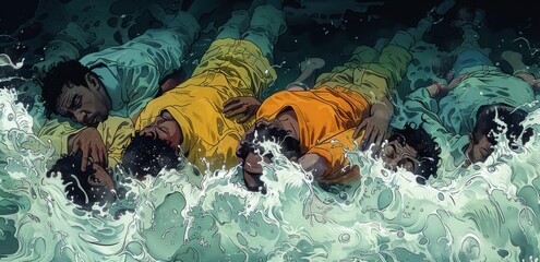 A group of African American people laying on the bottom floor of an ocean boat, holding each other and crying with intense pain, in the style of cartoon, with a dark green color palette 