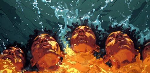 A group of African American people laying on the bottom floor of an ocean boat, holding each other and crying with intense pain, in the style of cartoon, with a dark green color palette 