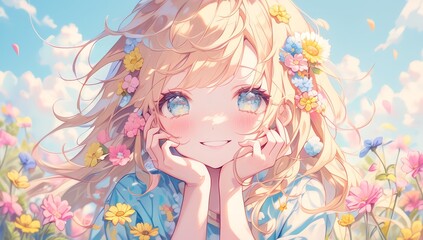 A cute girl with long hair is smiling and wearing flowers in her hair. She is depicted in the style of anime, wearing colorful floral . The background features soft pastel colors