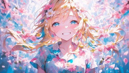 A cute girl with long hair, smiling and wearing flowers in her hairstyle, is depicted in the style of an anime character. She is dressed in colorful summer attire, radiating joy