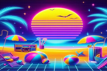 Verträumte Achtziger Jahre Nostalgie, Retro Desing Stil Wallpaper: Sommer Sonnenuntergang am Strand in Neon Farben Lila, Gelb, Blau und Grün