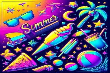 Sommerliches Achtziger Jahre Nostalgie, Retro Desing Stil Wallpaper: Spaß am Strand mit Eiscreme, Sonnenbrille, Cocktails, Palmen in Neon Farben Lila, Gelb, Blau und Grün