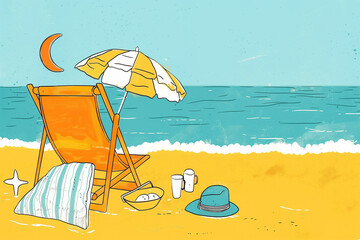 Illustration of a beach chair and hat resting on the sandy beach, under the Summer sun, evoking thoughts of vacation and travel