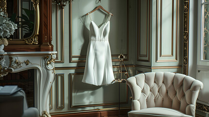 A white haute couture dress hanging in a luxurious European hotel room, blur effect in the background
