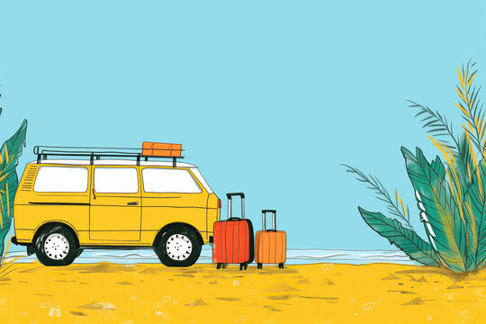 A yellow van is parked on the sandy beach, with luggage piled up next to it