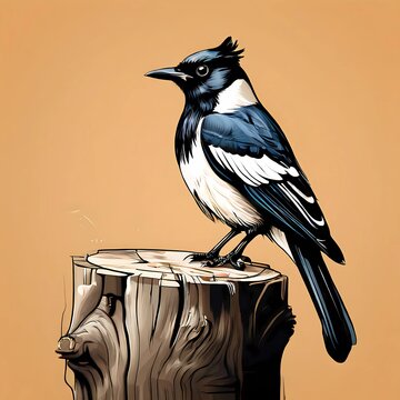 vector illustration of a monogram of a magpie bird on a tree trunk