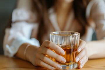 Close-up of a woman's hand gently holding a glass of amber-colored whiskey, resting on a wooden table with a soft-focus background that emphasizes relaxation and sophistication