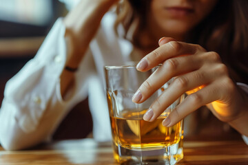 Close-up of a woman's hand on a glass of amber whiskey, with her face partially visible, exuding a thoughtful, introspective mood in a warm, dimly lit setting