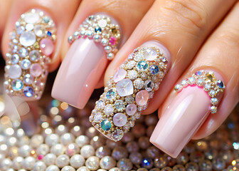 Female hand with pink manicure and multi-colored gems on nails. Ombre nails