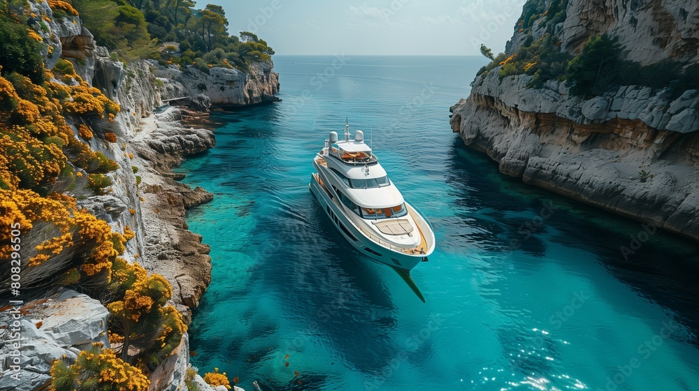 Poster sailing on a clear blue mediterranean sea, luxury yacht and crystal waters, peaceful travel, youtube