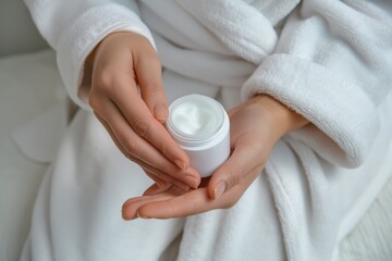 Close-up image showcasing a woman in a white bathrobe holding an open jar of moisturizing cream, focusing on skincare and personal wellness