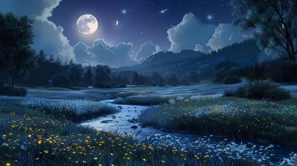 In the tranquil moonlit meadows, with the soothing sound of the babbling brook