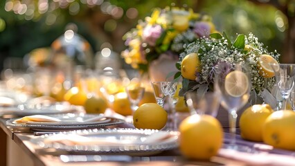 Italian wedding celebration with lemonthemed decor table setting and festive ambiance. Concept Italian Wedding, Lemon-Themed Decor, Table Setting, Festive Ambiance, Celebration