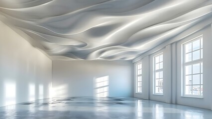 Intricate white stretch ceiling with suspended drywall in vacant apartment or house. Concept Architecture, Interior Design, Home Decor, Renovation, Modern Aesthetics