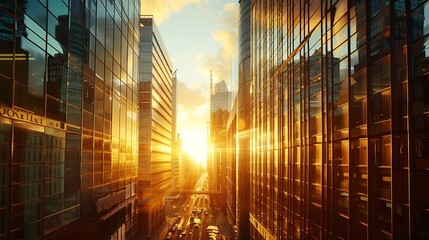 City Sunrise: Glass Skyscrapers - Urban Financial Architecture - Futuristic Business Hub
