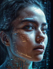 woman with circuit lines on her face and a digital texture over her eyes. The background is black and there are faint blue and yellow lights around the edges.