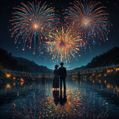 couple stands on a riverbank watching a spectacular fireworks display.