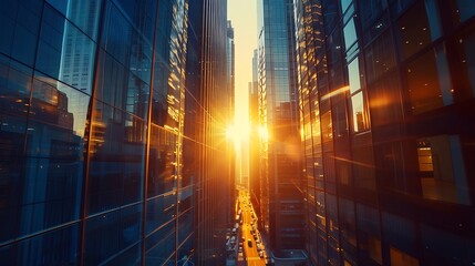 City Sunrise: Glass Skyscrapers - Urban Financial Architecture - Futuristic Business Hub