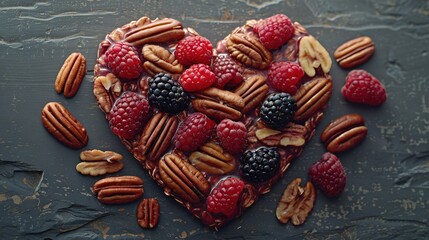   Heart-shaped cookie with nuts, raspberries, and pecans on a table