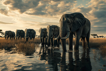 Serene scene of elephants at dusk by a watering hole in the African wilderness